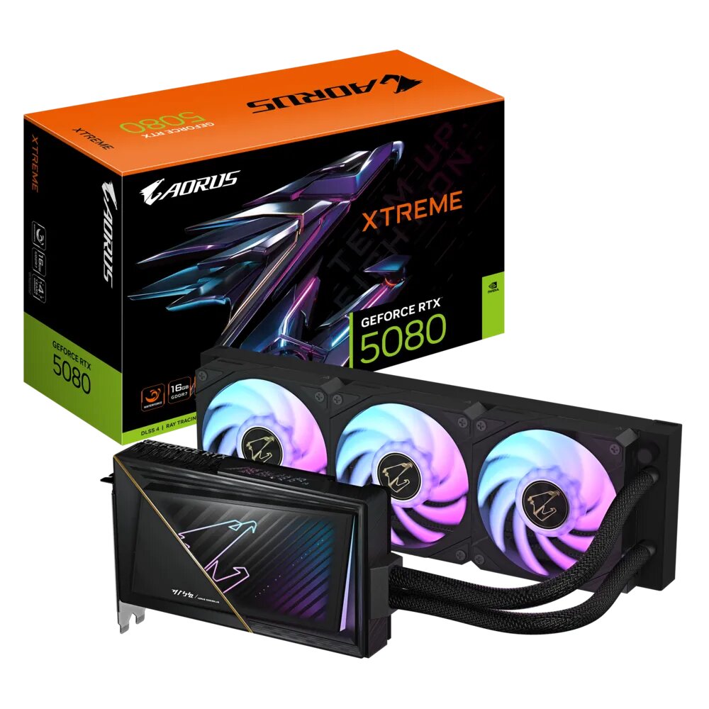  nVIDIA GeForce RTX5080 AORUS XTREME WATERFORCE 16GB<br>Clock: 2805 MHz, 1x HDMI/ 3x DP, PCI-E 5.0, Max Resolution: 7680 x 4320, 1x 16-Pin Connector, Recommended: 850w  